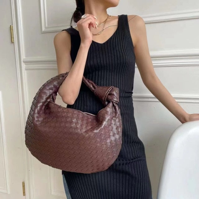 2021 Fashion Handmade Woven Bag Luxury Woven Leather Printed Shoulder Bag Lady Crossbody Hobo PU Knotted Handle Casual Handbag