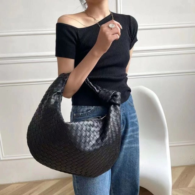 2021 Fashion Handmade Woven Bag Luxury Woven Leather Printed Shoulder Bag Lady Crossbody Hobo PU Knotted Handle Casual Handbag