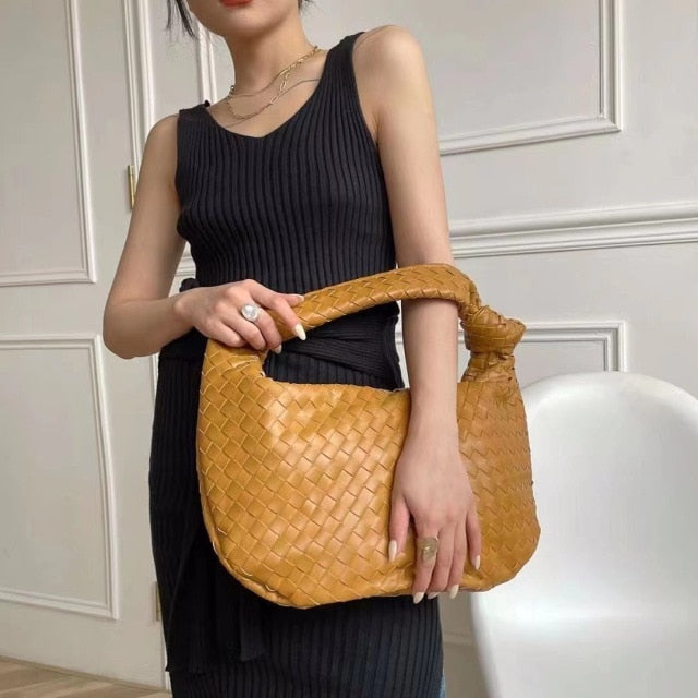 2021 Fashion Handmade Woven Bag Luxury Woven Leather Printed Shoulder Bag Lady Crossbody Hobo PU Knotted Handle Casual Handbag