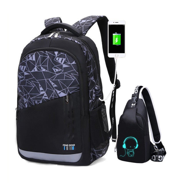 Fengdong boys school bags waterproof large backpack for teenagers bagpack high school backpack for boy student chest bag set