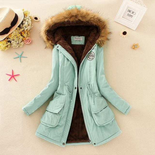 SheBlingBling Autumn Warm Winter Jacket Women Women's Fur Collar Coats Jackets for Lady Long Slim Down Parka Hoodies Parkas