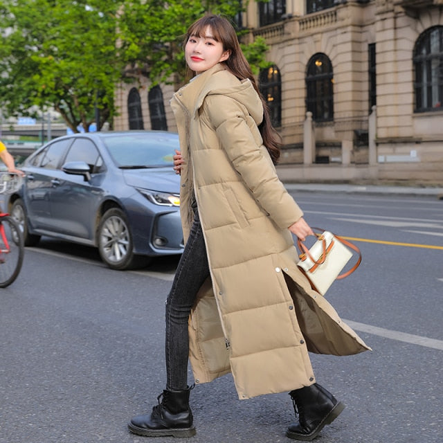 Parka Coat Extra Long Winter Jacket Women Hooded Pocket Zipper Female Lady Windbreaker Overcoat Casual Outwear Clothing Quilted