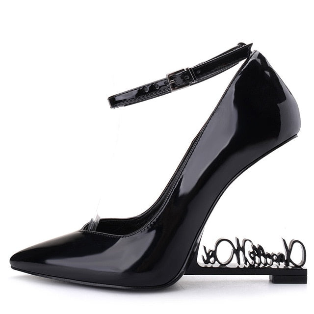 Ystergal Metal Letters Heel Women Pumps Patent Leather