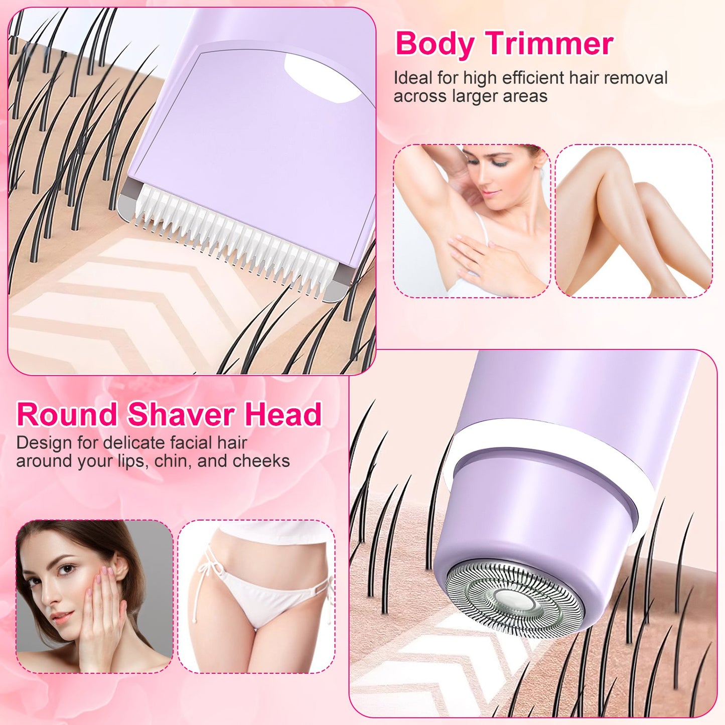 1Pc 2 In 1 Bikini Trimmer For Women Dual Head Cordless Body Shaver IPX5 Waterproof Rechargeable Pubic Hair Razor Wet And Dry Use For Bikini Underarm Leg Arm Body Face
