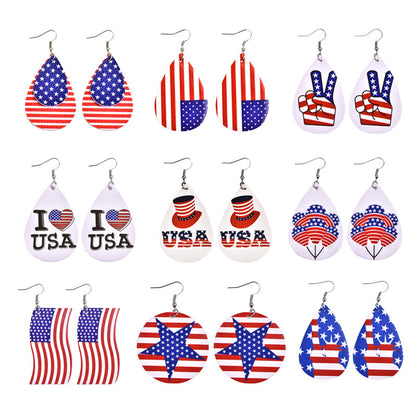 European and American cross-border earrings American flag earrings PU leather multi-layer drop earrings women's five-pointed star earrings