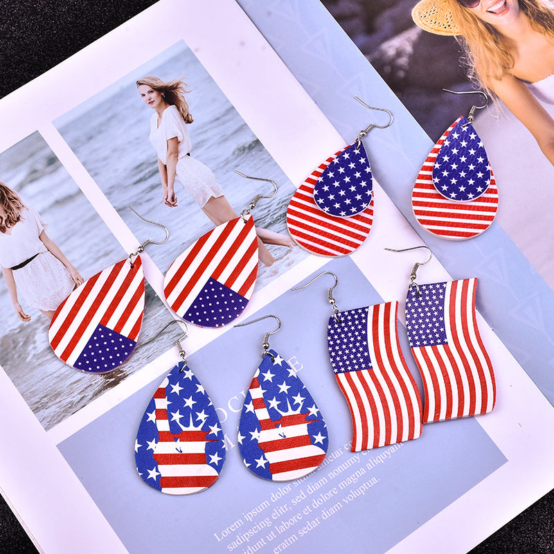 European and American cross-border earrings American flag earrings PU leather multi-layer drop earrings women's five-pointed star earrings