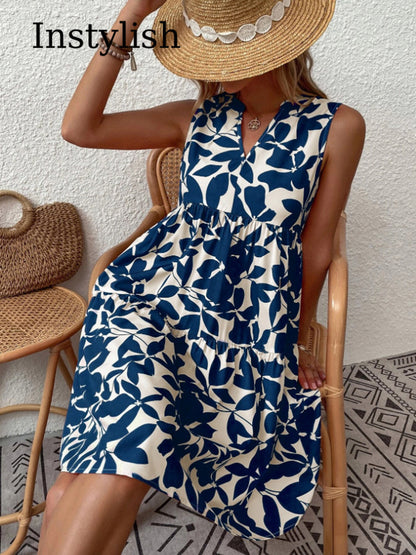 Women Boho Print Mini Dress Summer Elegant Sleeveless V Neck Ruffle A Line Tank Dress Casual Loose Oversize Beach Party Sundress