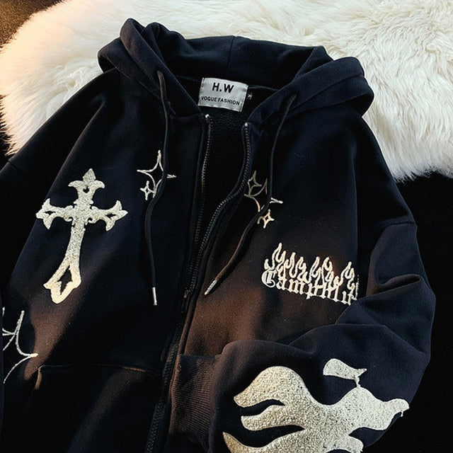 Gothic Embroidery Hoodies Women Retro Harajuku Hip Hop Jacket High Street Zip Up Hoodie Casual Loose Sweatshirt Clothes Y2K Tops