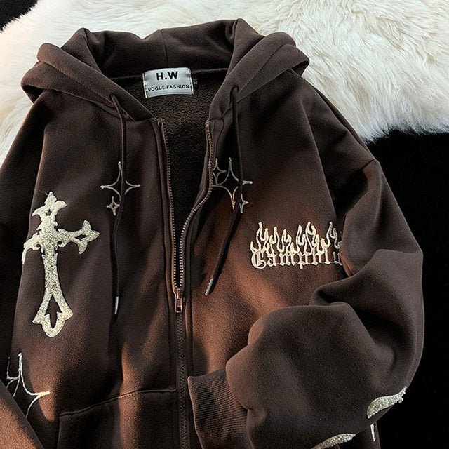 Gothic Embroidery Hoodies Women Retro Harajuku Hip Hop Jacket High Street Zip Up Hoodie Casual Loose Sweatshirt Clothes Y2K Tops