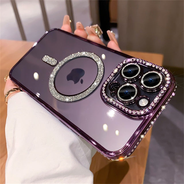 Luxury Diamond Glitter Magnetic Charging Silicone Soft Case For iPhone 15 14 13 12 Pro Max Plus 11 Transparent Shockproof Cover