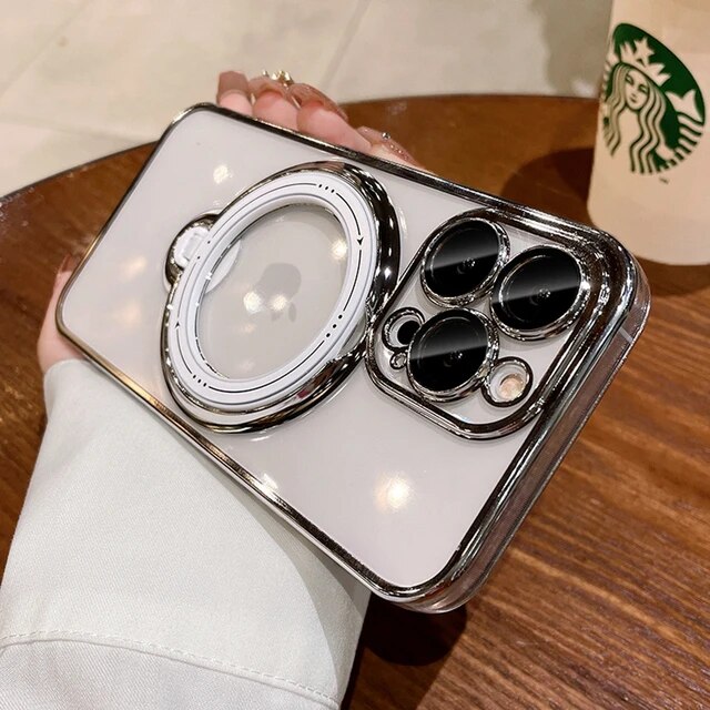 Luxury Magsafe Wireless Charging Case For iPhone 11 12 13 14 15 Pro Max Plus Transparent Magnetic Ring Bracket Bumper Cover