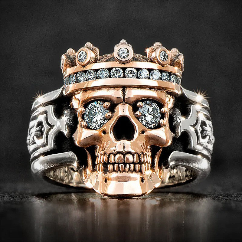 Chenrui Wish Zinc Alloy Mechanical Skull Head Men's Ring with European and American Popular Punk Style Inlaid Ring