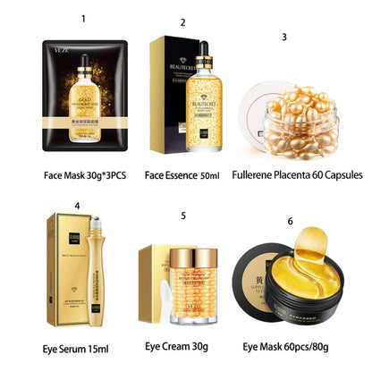 Skin Care Set 24K Gold Nicotinamide Face Essence Collagen Face Cream Moisturizing Face Mask Brighten Eye Cream Crystal Eye Patch