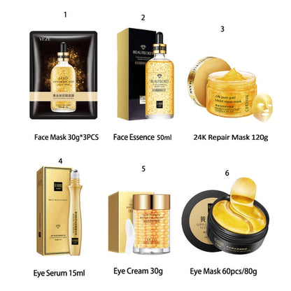 Skin Care Set 24K Gold Nicotinamide Face Essence Collagen Face Cream Moisturizing Face Mask Brighten Eye Cream Crystal Eye Patch