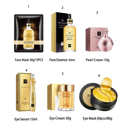 Skin Care Set 24K Gold Nicotinamide Face Essence Collagen Face Cream Moisturizing Face Mask Brighten Eye Cream Crystal Eye Patch