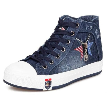 Women New Denim Flat-heel Round Toe Lace-up Skull Metal Decoration High-top Comfortable Fashion Classic Platform Casual Sneakers