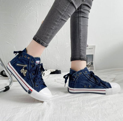 Women New Denim Flat-heel Round Toe Lace-up Skull Metal Decoration High-top Comfortable Fashion Classic Platform Casual Sneakers