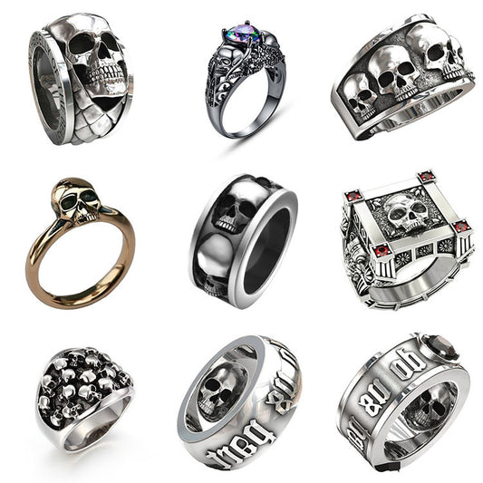 Chenrui Wish Zinc Alloy Mechanical Skull Head Men's Ring with European and American Popular Punk Style Inlaid Ring