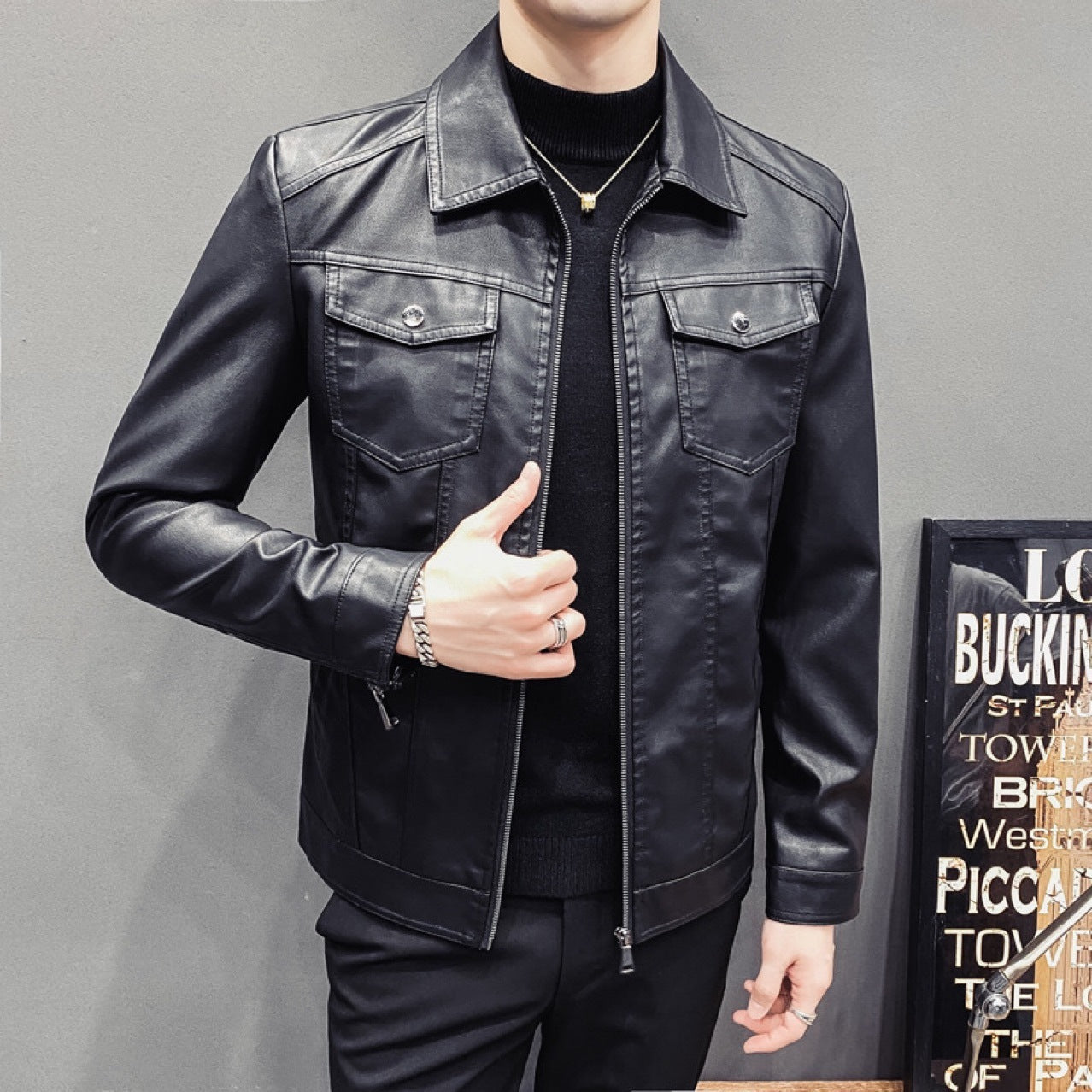 Fall Winter Men Quilted Casual Leather Clothing