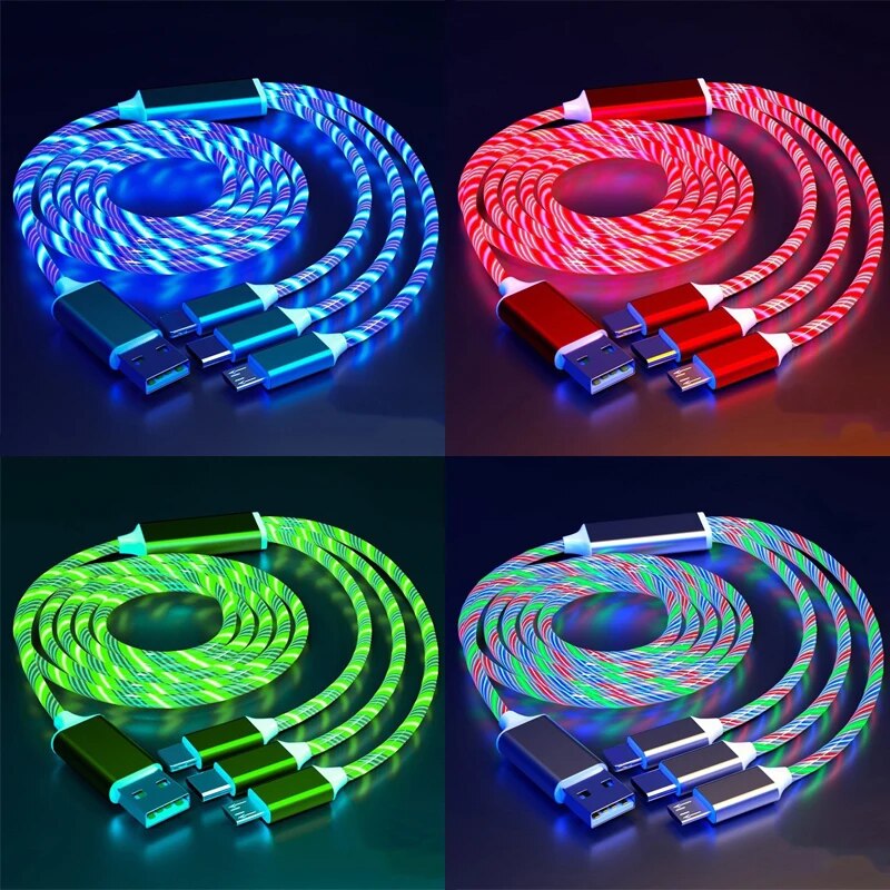 Glowing LED 3 IN 1 Cable For Samsung Xiaomi iPhone Flowing Streamer Light Fast Charger USB C Cord Luminous Type C Cable