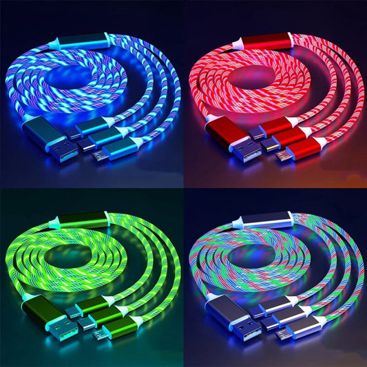 Glowing LED 3 IN 1 Cable For Samsung Xiaomi iPhone Flowing Streamer Light Fast Charger USB C Cord Luminous Type C Cable