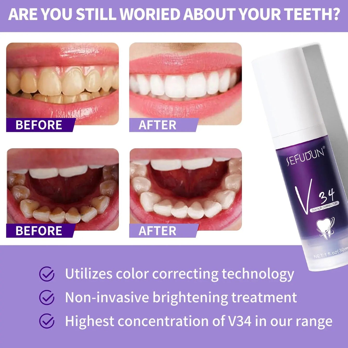 V34 Whitening Fresh Breath Brightening Purple Toothpaste Remove Stain Reduce Yellowing Care For Teeth Gums Oral 30ml Hot Selling