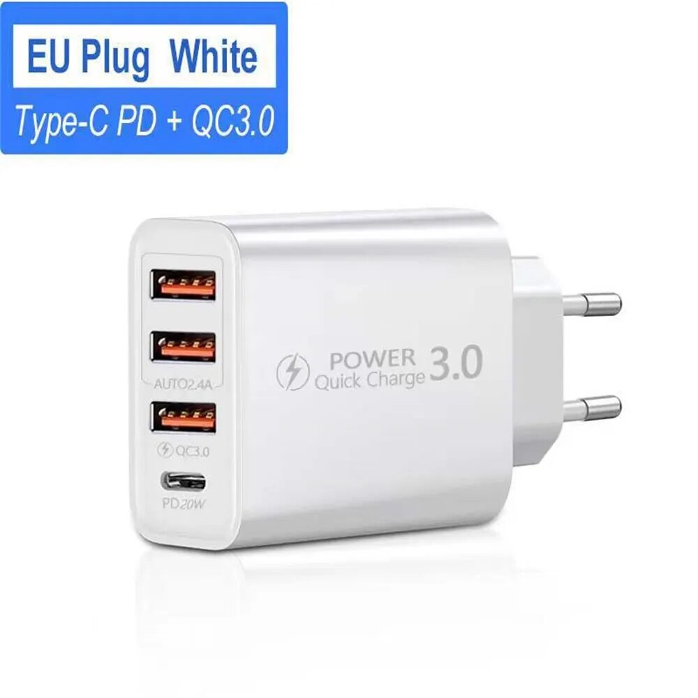 Type C USB Quick Charger 4 Ports 3.0 PD Cell Mobile Phone Power FAST Adapter For iPhone Samsung Xiaomi White