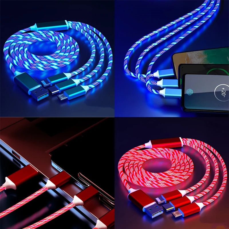 Glowing LED 3 IN 1 Cable For Samsung Xiaomi iPhone Flowing Streamer Light Fast Charger USB C Cord Luminous Type C Cable