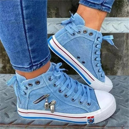 Women New Denim Flat-heel Round Toe Lace-up Skull Metal Decoration High-top Comfortable Fashion Classic Platform Casual Sneakers