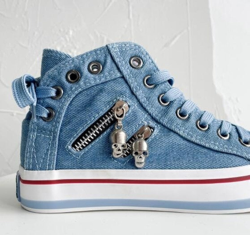 Women New Denim Flat-heel Round Toe Lace-up Skull Metal Decoration High-top Comfortable Fashion Classic Platform Casual Sneakers