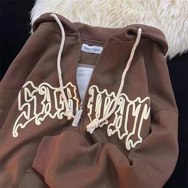 Women Vintage Zip Up Hoodies Harajuku Casual Letter Print Long Sleeve Loose Hooded Sweatshirts Goth Streetwear Jackets Coats Y2k