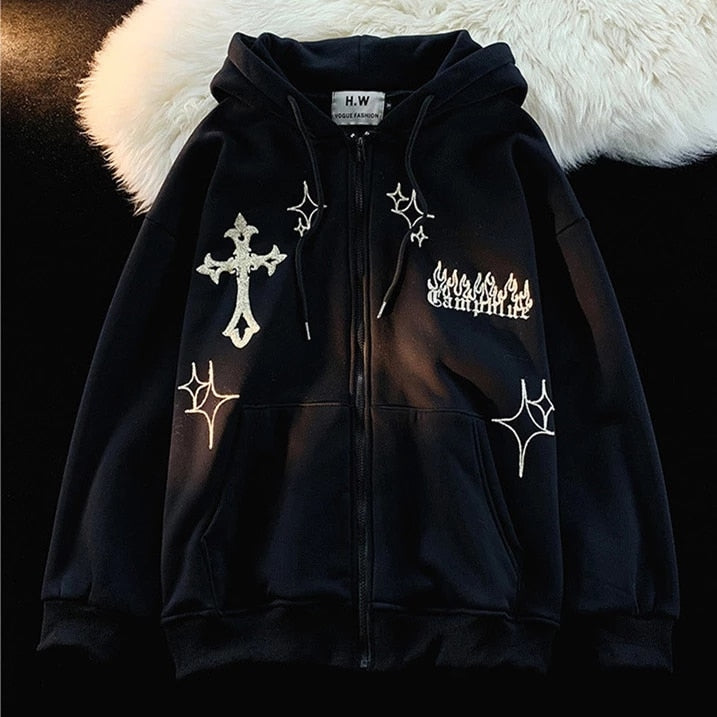 Gothic Embroidery Hoodies Women Retro Harajuku Hip Hop Jacket High Street Zip Up Hoodie Casual Loose Sweatshirt Clothes Y2K Tops