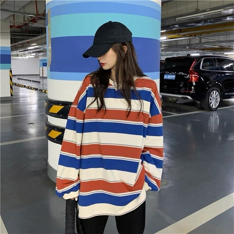 autumn Hoodies Striped Oversized Sweatshirt Women Harajuku Pullovers Korean Fashion Couples Matching Long Sleeve Tops Streetwear