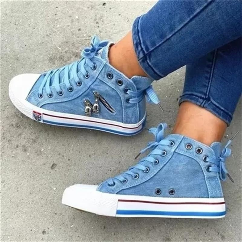 Women New Denim Flat-heel Round Toe Lace-up Skull Metal Decoration High-top Comfortable Fashion Classic Platform Casual Sneakers
