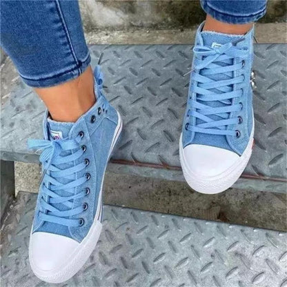 Women New Denim Flat-heel Round Toe Lace-up Skull Metal Decoration High-top Comfortable Fashion Classic Platform Casual Sneakers