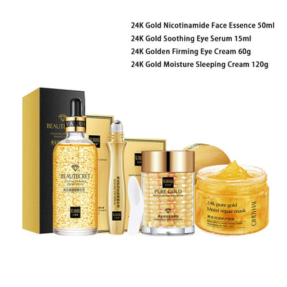 Skin Care Set 24K Gold Nicotinamide Face Essence Collagen Face Cream Moisturizing Face Mask Brighten Eye Cream Crystal Eye Patch