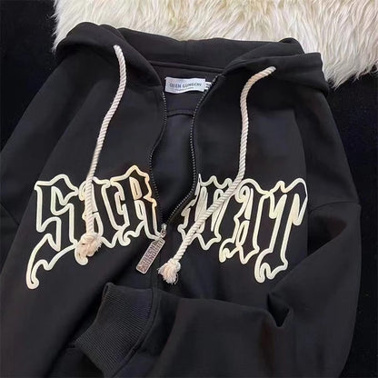 Women Vintage Zip Up Hoodies Harajuku Casual Letter Print Long Sleeve Loose Hooded Sweatshirts Goth Streetwear Jackets Coats Y2k