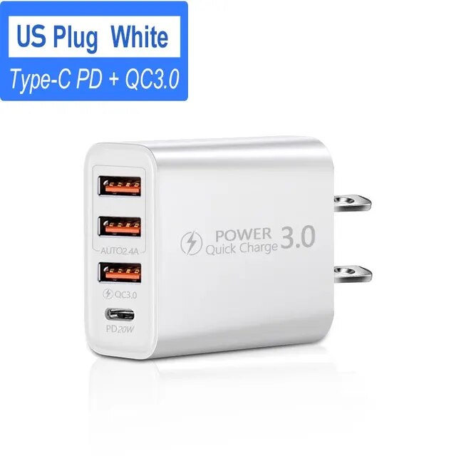Type C USB Quick Charger 4 Ports 3.0 PD Cell Mobile Phone Power FAST Adapter For iPhone Samsung Xiaomi White
