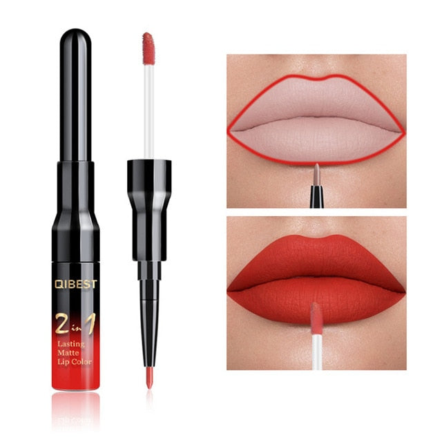 2 in 1 Double Head Liquid Matte Lipstick Lip Gloss & Lip Liner Waterproof Nude Lipstick Set Lipgloss Mate Lip stick Pen Makeup