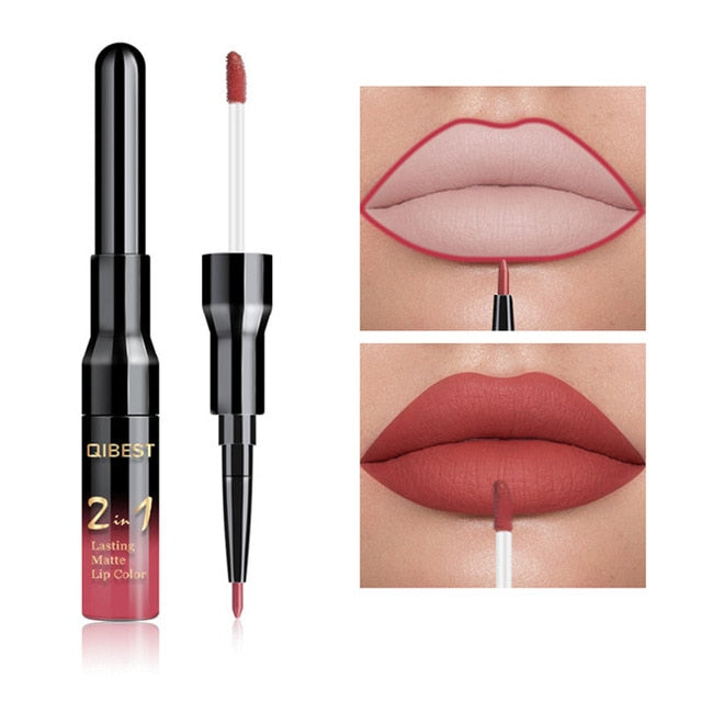2 in 1 Double Head Liquid Matte Lipstick Lip Gloss & Lip Liner Waterproof Nude Lipstick Set Lipgloss Mate Lip stick Pen Makeup