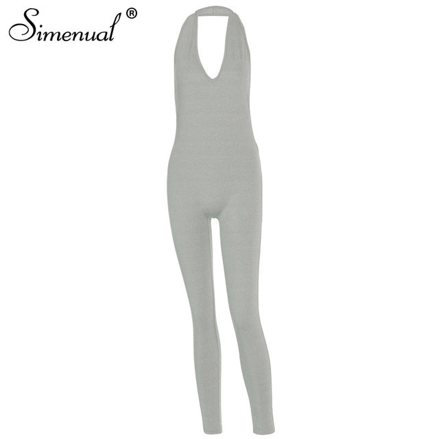 Solid Bodycon Halter Women Long Jumpsuits