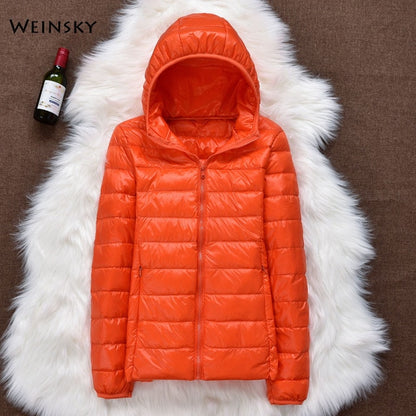 Winter Women Ultralight Thin Down Jacket Hooded Long Sleeve Warm Parka