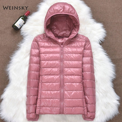 Winter Women Ultralight Thin Down Jacket Hooded Long Sleeve Warm Parka