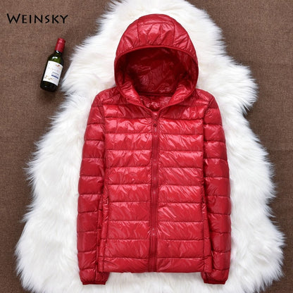 Winter Women Ultralight Thin Down Jacket Hooded Long Sleeve Warm Parka