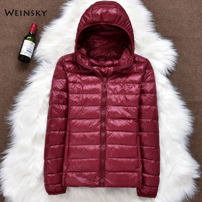 Winter Women Ultralight Thin Down Jacket Hooded Long Sleeve Warm Parka