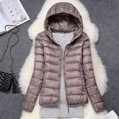 Winter Women Ultralight Thin Down Jacket Hooded Long Sleeve Warm Parka