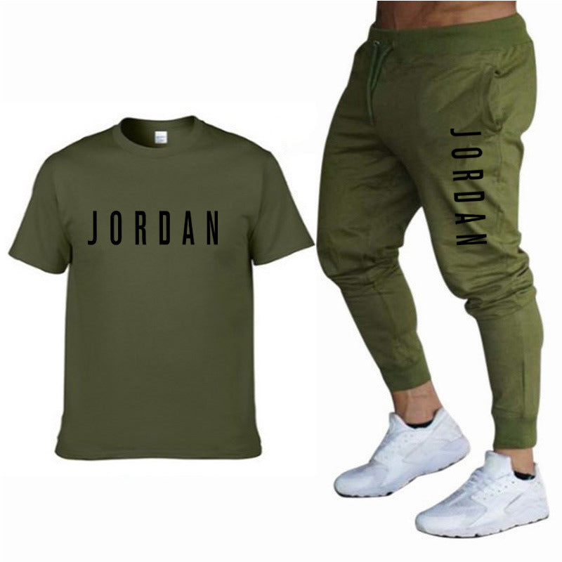 new fashion trend men's suit sports short-sleeved T-shirt + sports casual trousers