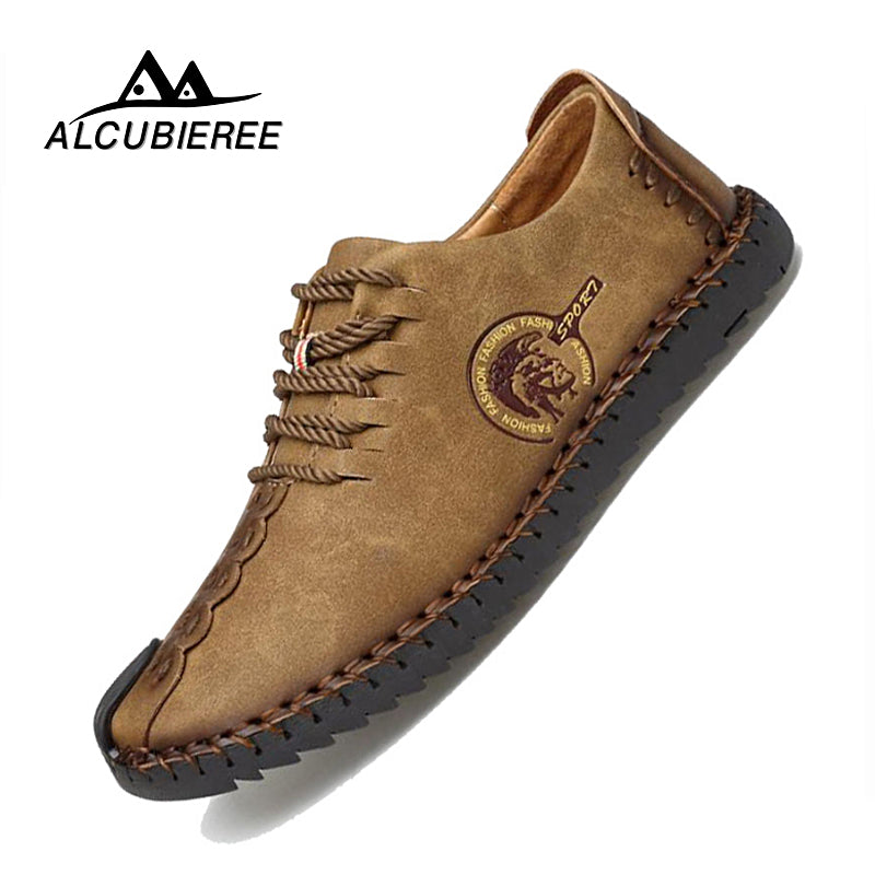 Leather Casual Shoes Men Handmade Vintage Flats Lace-up Hot Sale Moccasins