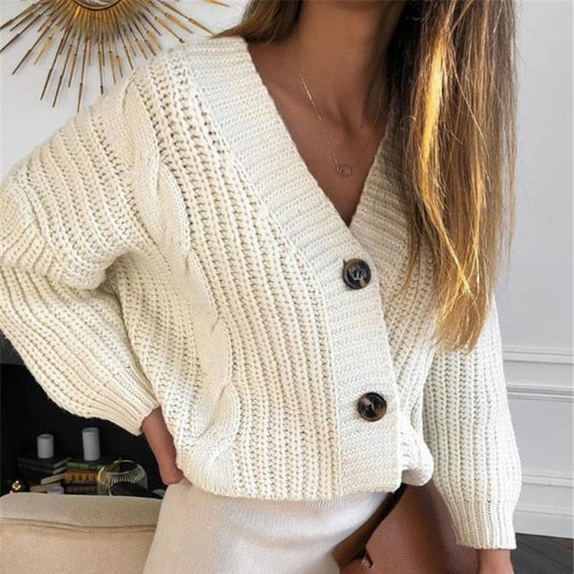 Women Short Cardigan Knitted Sweater Long Sleeve V neck Cardigans
