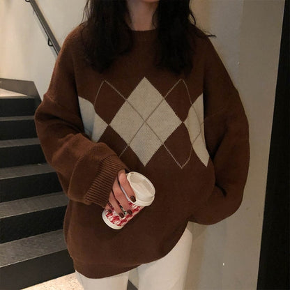 Korean College Style Autumn Winter Geometric Pattern Argyle Pullovers Loose Oversized O-Neck Knitted Sweaters Woman Jumper Mujer